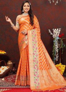 Orange Silk Saree In Zari Woven Work