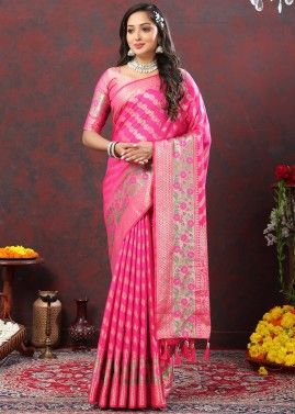 Pink Silk Woven Saree With Blouse