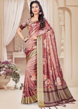 Shaded Red Saree In Digital Floral Print