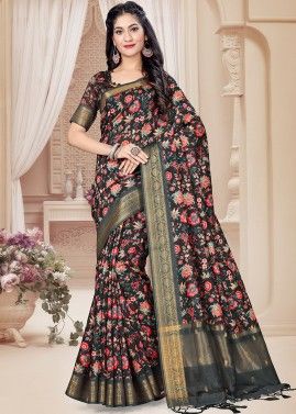 Black Saree In Digital Floral Print