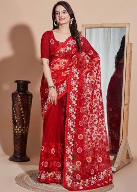 Red Net Saree In Thread Embroidery