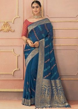 Blue Embroidered Saree With Blouse