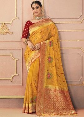 Yellow Woven Border Saree In Art Silk