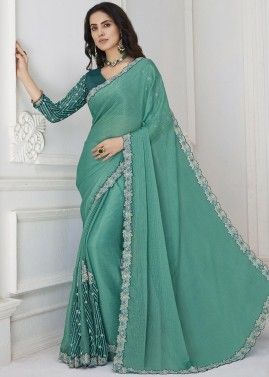 Green Embroidered Saree In Shimmer
