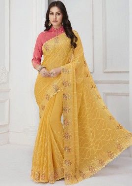 Yellow Thread Embroidered Shimmer Saree 