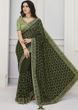 Green Tissue Embroidered Saree & Blouse
