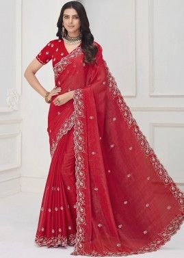 Red Shimmer Saree In Dori Embroidery