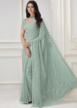 Pastel Blue Embroidered Saree In Georgette