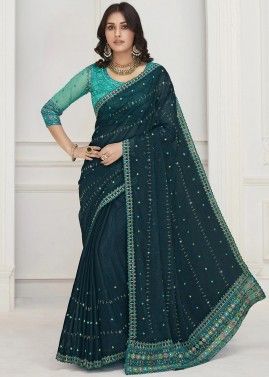 Teal Blue Embroidered Shimmer Saree