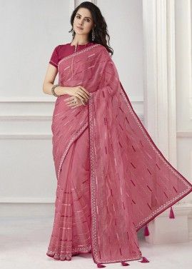Pink Embroidered Silk Saree & Blouse