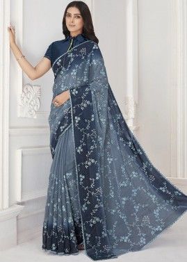Blue Shimmer Saree In Dori Embroidery