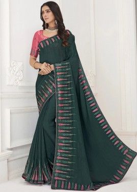 Teal Green Embroidered Saree In Crepe