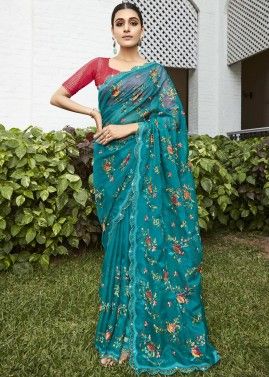 Teal Blue Organza Saree In Thread Embroidery
