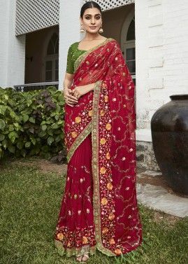 Red Organza Saree In Thread Embroidery