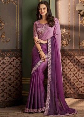 Purple Art Silk Saree In Dori Embroidery