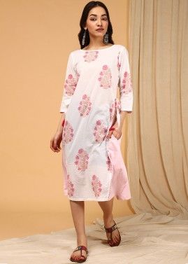White and Pink Cotton Floral Block Printed Dress