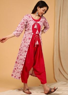 Red Readymade Jumpsuit With Block Printed Jacket