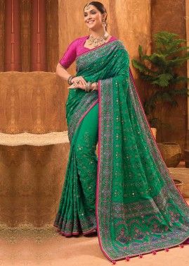 Green Thread Embroidered Banarasi Silk Saree