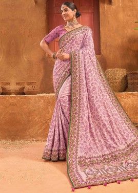 Pink Embroidered Banarasi Silk Saree & Blouse