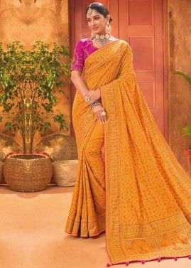 Mustard Yellow Embroidered Saree In Banarasi Silk