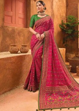 Pink Thread Embroidered Saree & Blouse