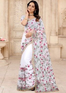 White Embroidered Saree In Net