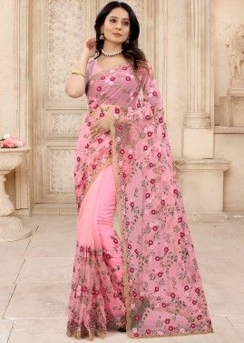 Pink Net Saree In Resham Embroidery