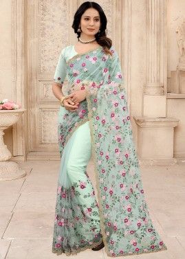 Pastel Green Embroidered Saree & Blouse