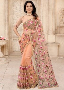 Dusty Peach Floral Embroidered Saree