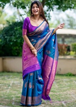 Teal Blue Banarasi Silk Saree In Woven Work