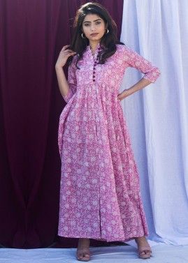 Readymade Pink Floral Block Printed Slit Style Dress