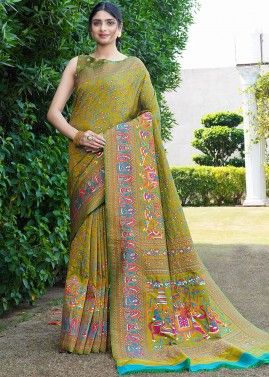 Green Digital Printed Saree In Silk