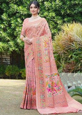Peach Digital Printed Saree In Silk