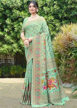 Green Digital Printed Saree In Silk