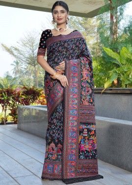 Black Digital Printed Saree In Silk