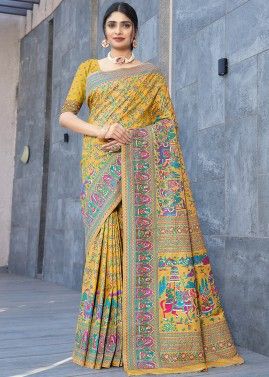 Yellow Digital Printed Saree In Silk