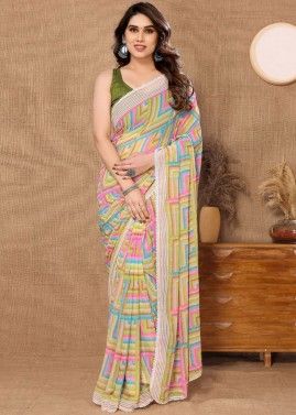 Multicolor Georgette Printed Readymade Saree& Blouse