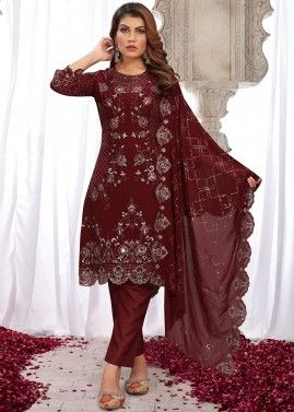 Maroon Embroidered Pant Suit In Georgette