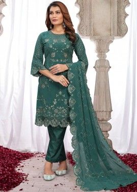 Green Embroidered Pant Style Suit Set