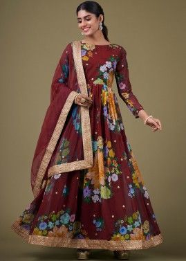 Maroon Anarkali Suit In Digital Floral Print
