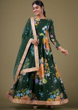 Dark Green Floral Printed Anarkali Suit In Georgette
