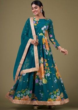 Teal Blue Georgette Anarkali Suit In Floral Print