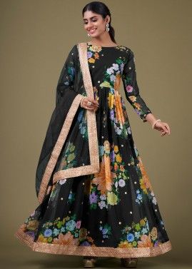 Black Digital Floral Print Anarkali Suit