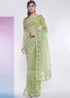 Green Net Cord Embroidered Saree