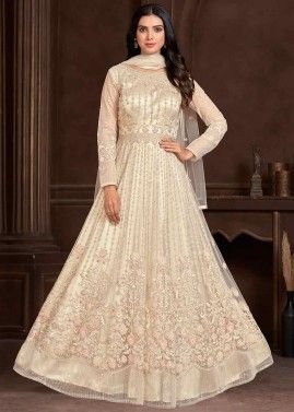 Cream Embroidered Readymade Net Anarkali Suit
