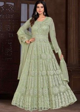 Readymade Embroidered Net Anarkali Suit  In Pastel Green 