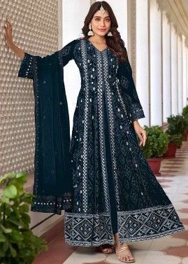 Blue Thread Embroidered Georgette Front Slit Suit