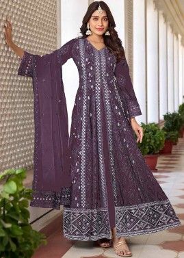 Mauve Purple Georgette Front Silt Suit In Thread Embroidery