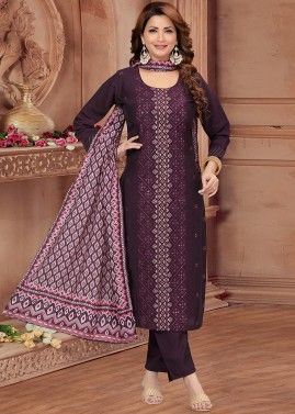 Wine Embroidered Readymade Art Silk Pant Suit