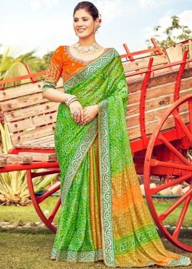 Green & Orange Saree In Bandhej Print